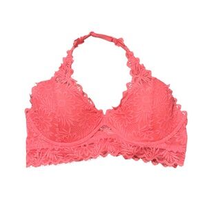 PINK Victoria's Secret Neon Coral Lace Bralette, Halter, Medium